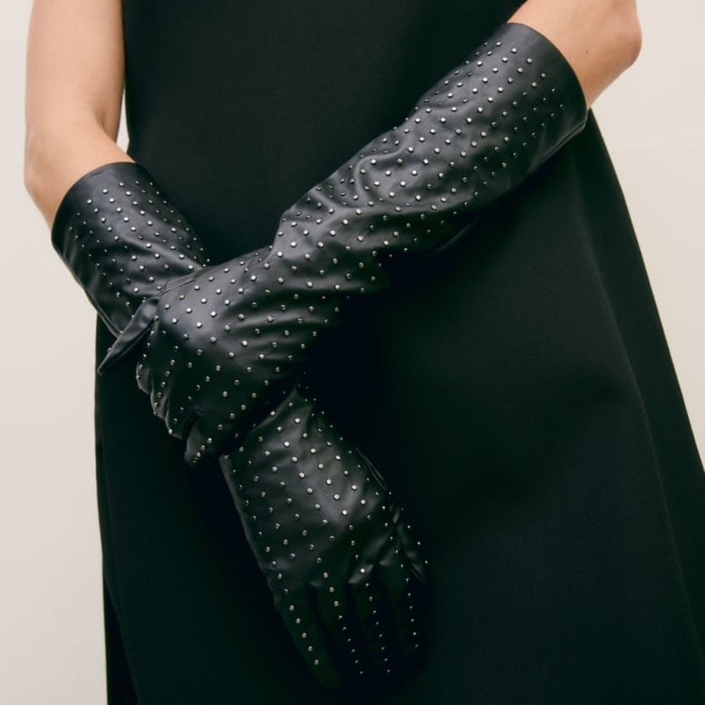 NWT FAUX LEATHER LONG BLACK STUDDED GLOVES - Picture 4 of 7